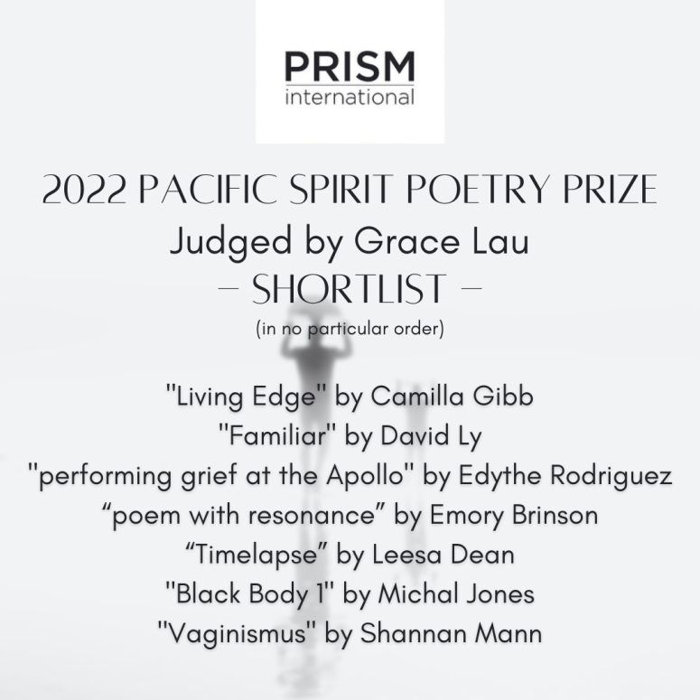 2022 Pacific Spirit Poetry Prize:&nbsp;Shortlist